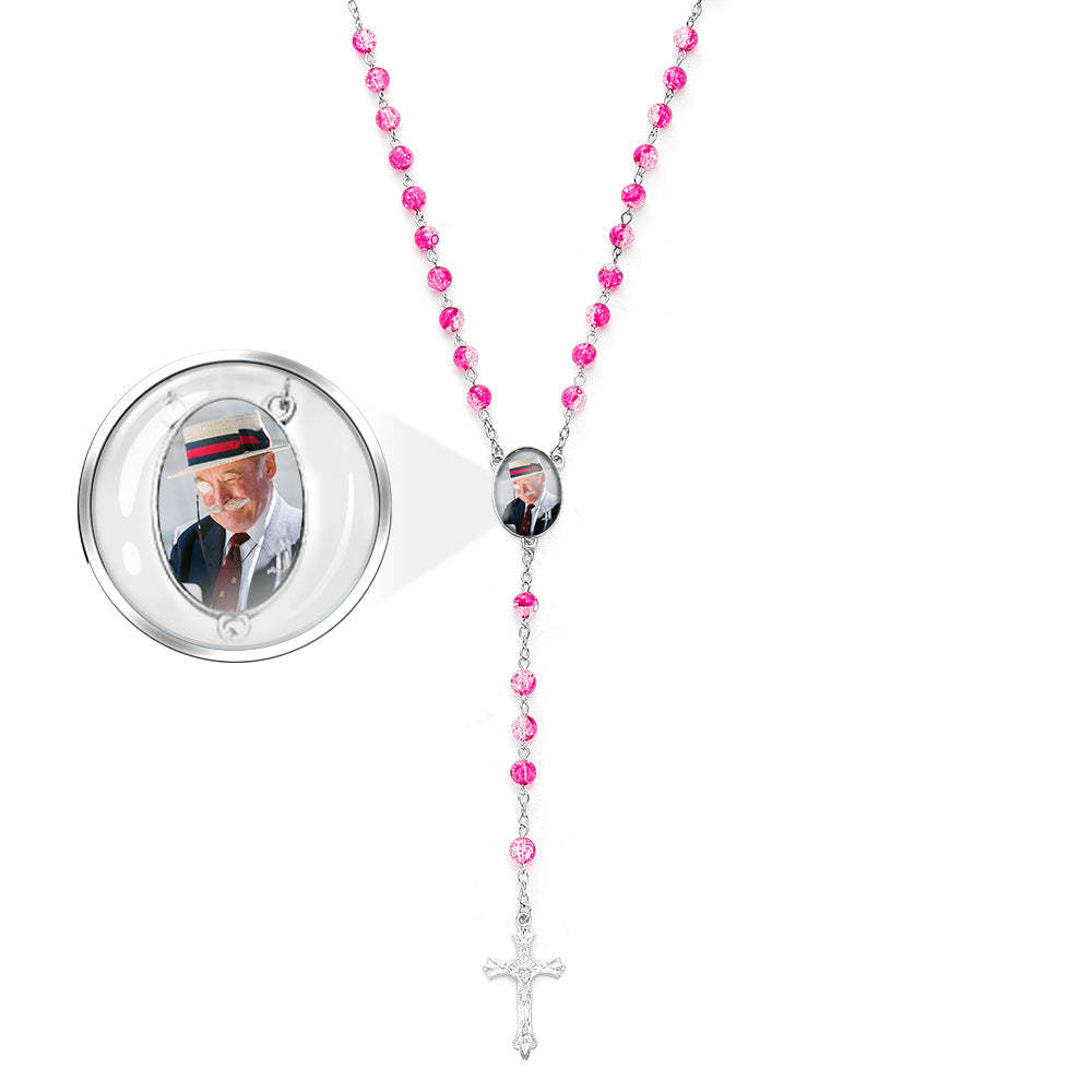 Custom Rosary Beads Cross Necklace Personalized Acrylic Explosion Beads Necklace with Photo - yournamenecklaceuk