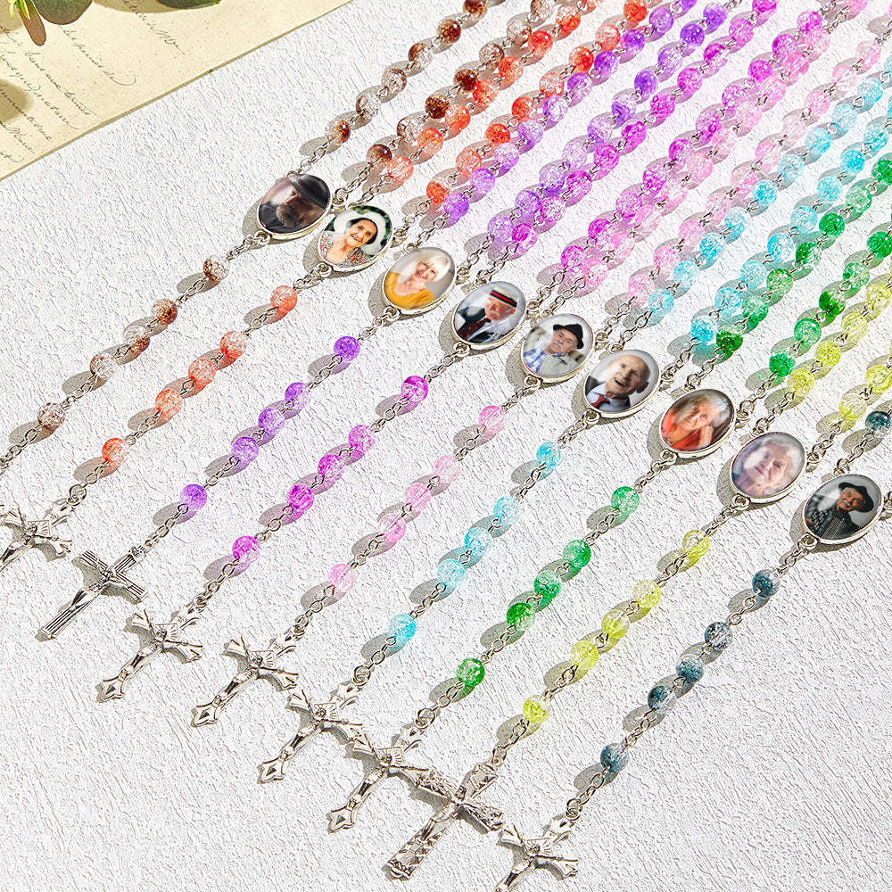 Custom Rosary Beads Cross Necklace Personalized Acrylic Explosion Beads Necklace with Photo - yournamenecklaceuk