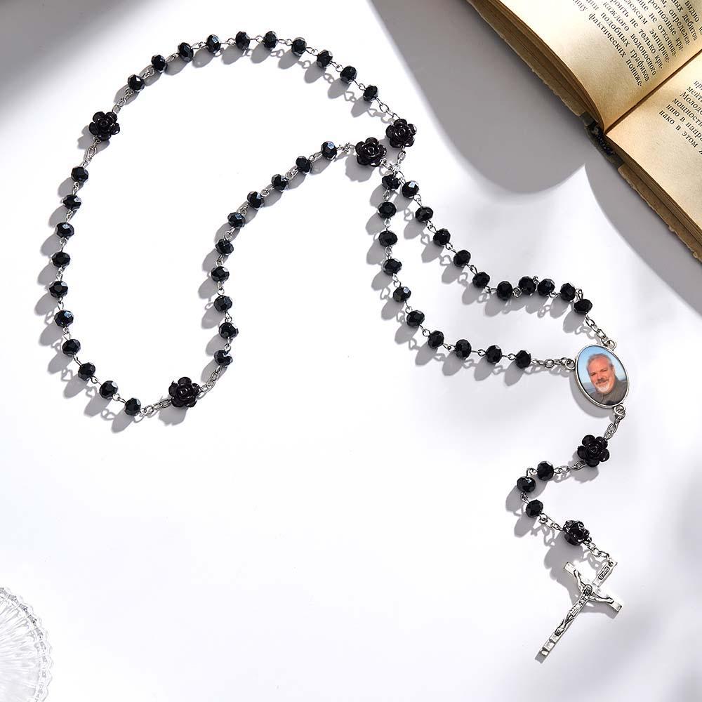Custom Rosary Beads Cross Necklace Personalized Rose Crystal Necklace with Photo - yournamenecklaceuk