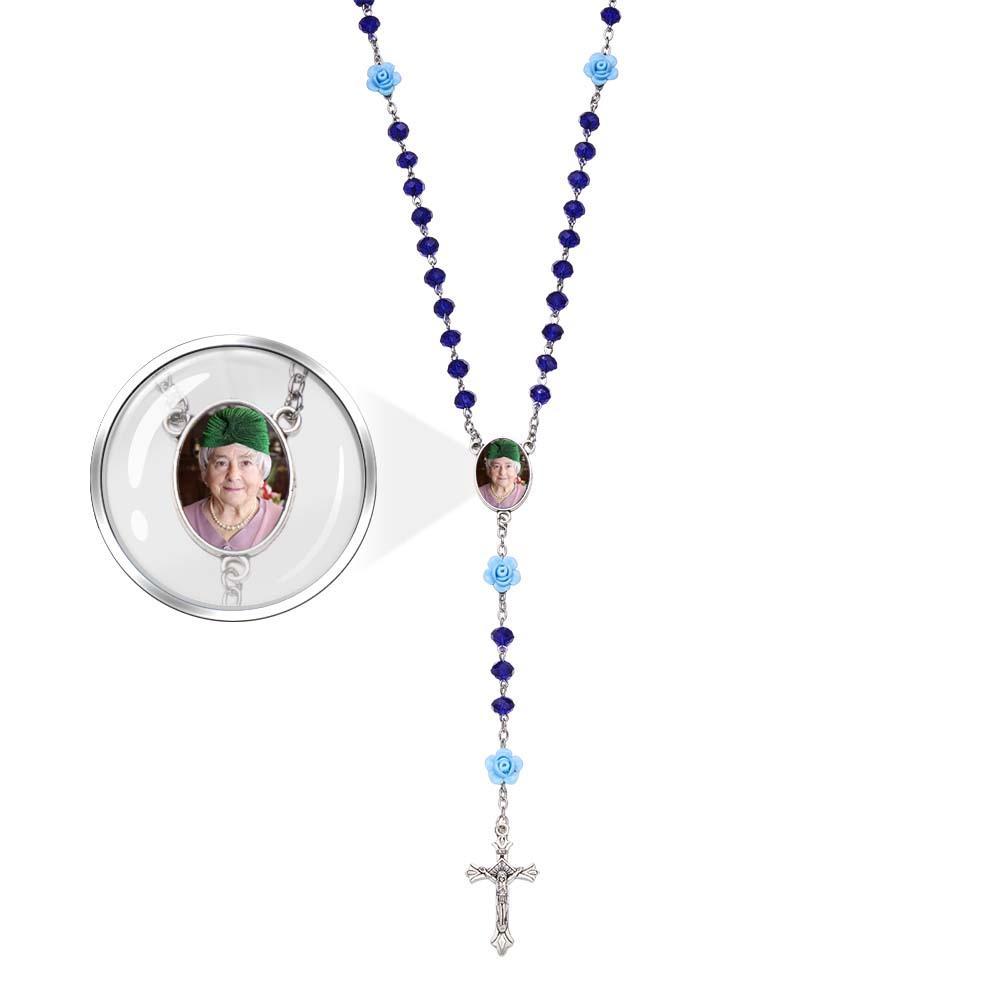 Custom Rosary Beads Cross Necklace Personalized Rose Crystal Necklace with Photo - yournamenecklaceuk