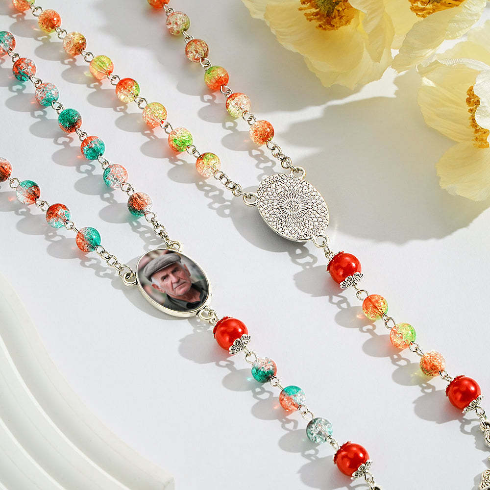 Custom Rosary Beads Cross Necklace Personalized Acrylic Explosion Beads Long Style Necklace with Photo - yournamenecklaceuk