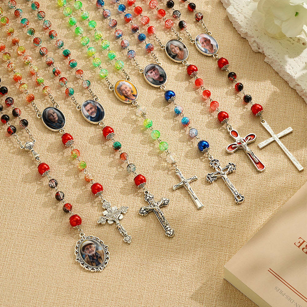Custom Rosary Beads Cross Necklace Personalized Acrylic Explosion Beads Long Style Necklace with Photo - yournamenecklaceuk