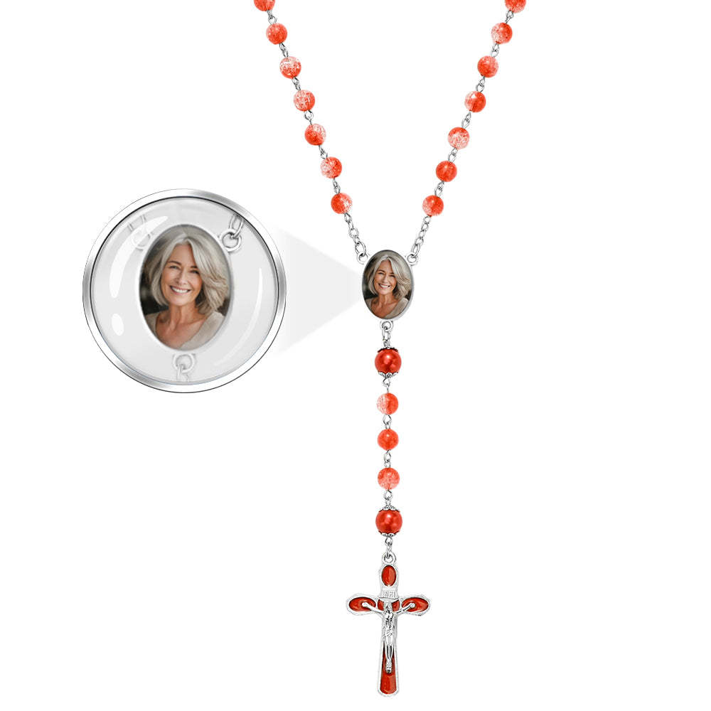 Custom Rosary Beads Cross Necklace Personalized Acrylic Explosion Beads Long Style Necklace with Photo - yournamenecklaceuk