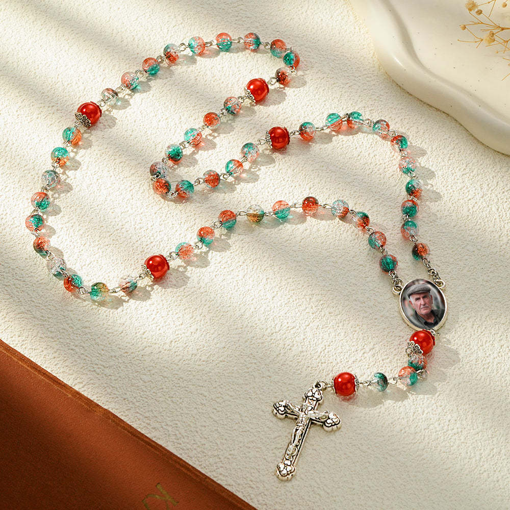 Custom Rosary Beads Cross Necklace Personalized Acrylic Explosion Beads Long Style Necklace with Photo - yournamenecklaceuk