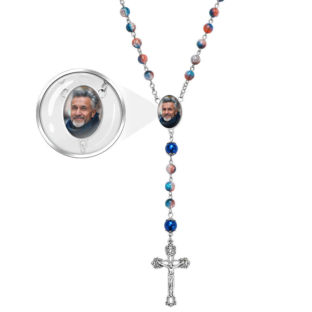 Custom Rosary Beads Cross Necklace Personalized Acrylic Explosion Beads Long Style Necklace with Photo - yournamenecklaceuk