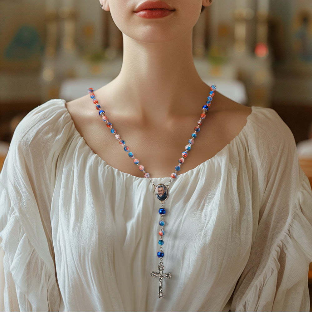 Custom Rosary Beads Cross Necklace Personalized Acrylic Explosion Beads Long Style Necklace with Photo - yournamenecklaceuk