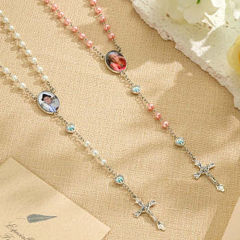 Custom Rosary Beads Necklace Personalized Glass Imitation Pearls Cross Necklace with Photo - yournamenecklaceuk