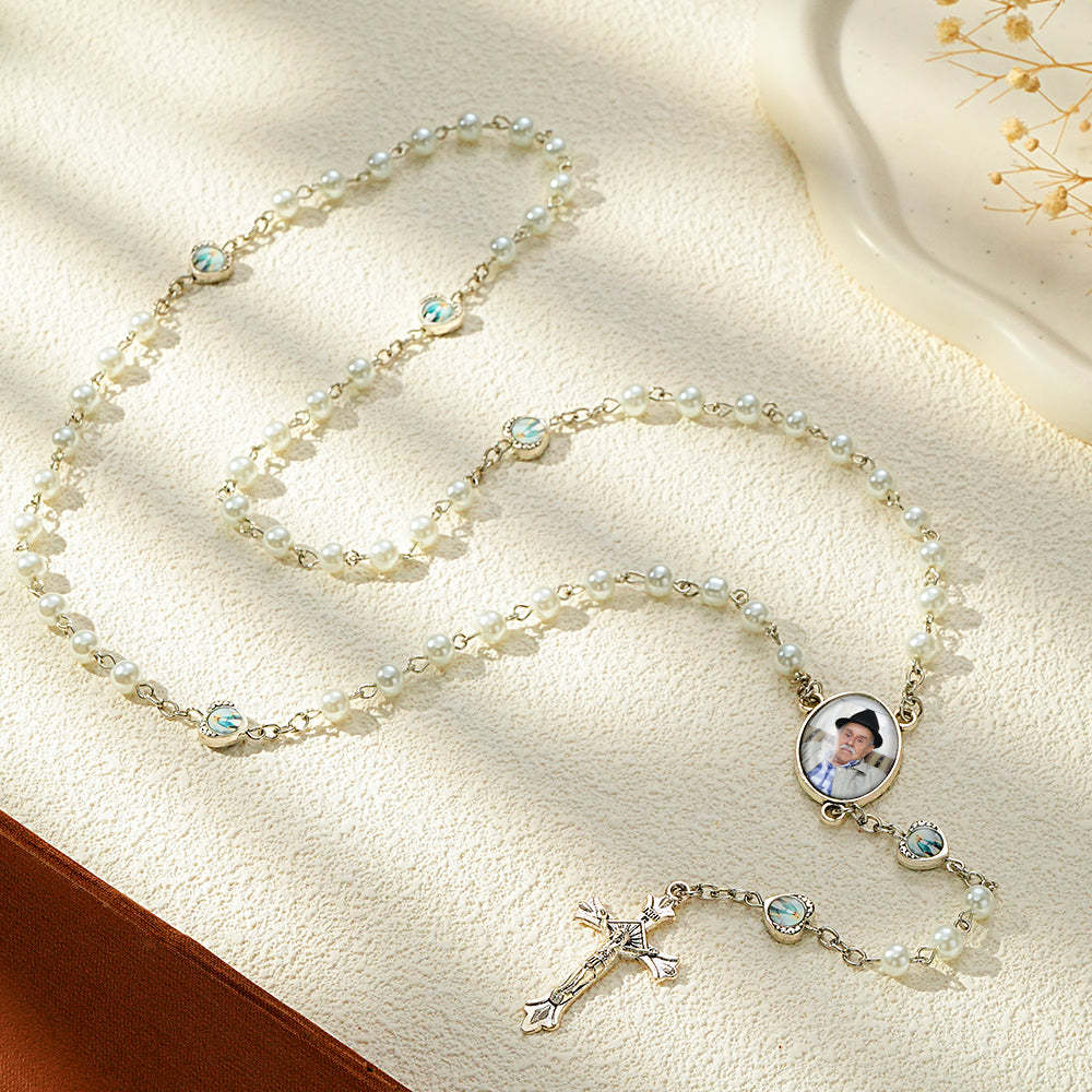 Custom Rosary Beads Necklace Personalized Glass Imitation Pearls Cross Necklace with Photo - yournamenecklaceuk