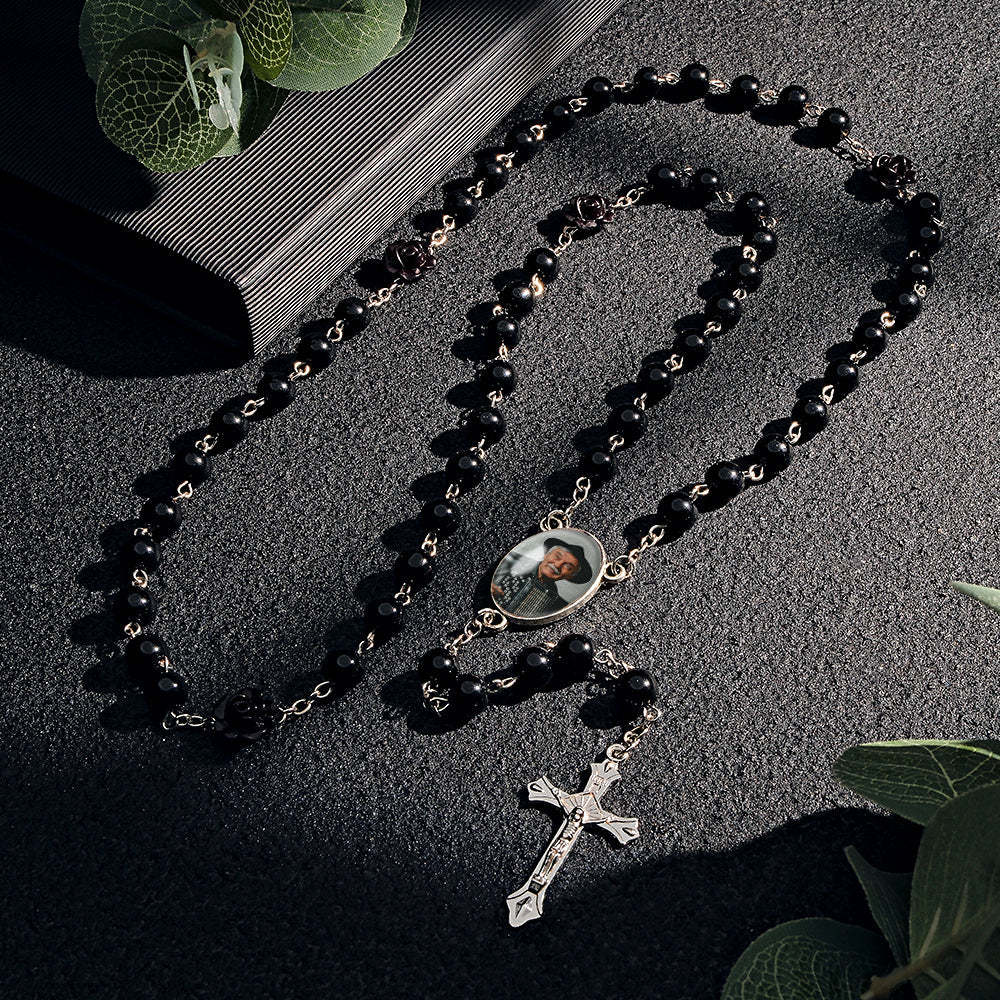 Custom Rosary Beads Cross Necklace Personalized Glass Imitation Pearls Necklace with Photo - yournamenecklaceuk