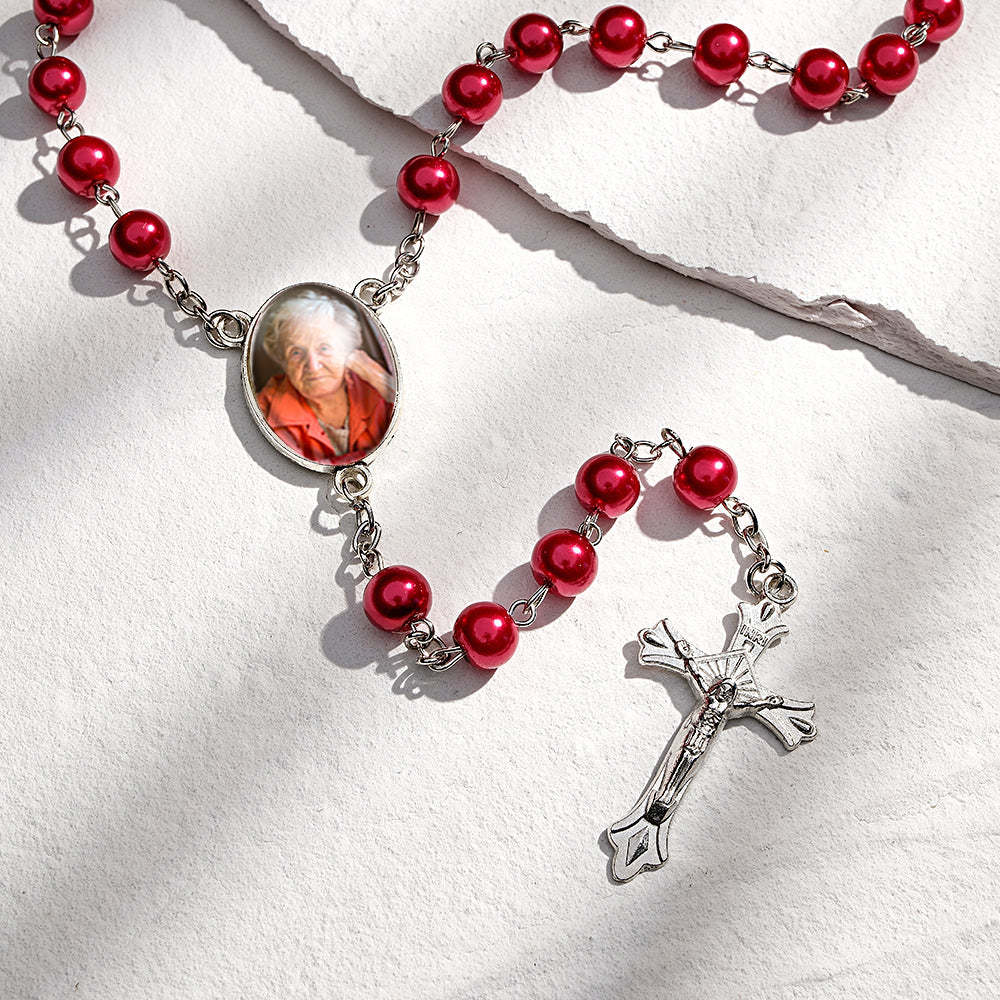 Custom Rosary Beads Cross Necklace Personalized Glass Imitation Pearls Necklace with Photo - yournamenecklaceuk
