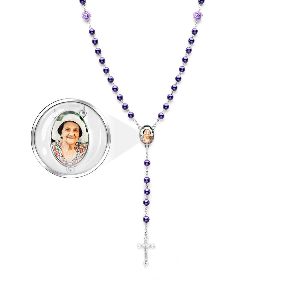 Custom Rosary Beads Cross Necklace Personalized Glass Imitation Pearls Necklace with Photo - yournamenecklaceuk