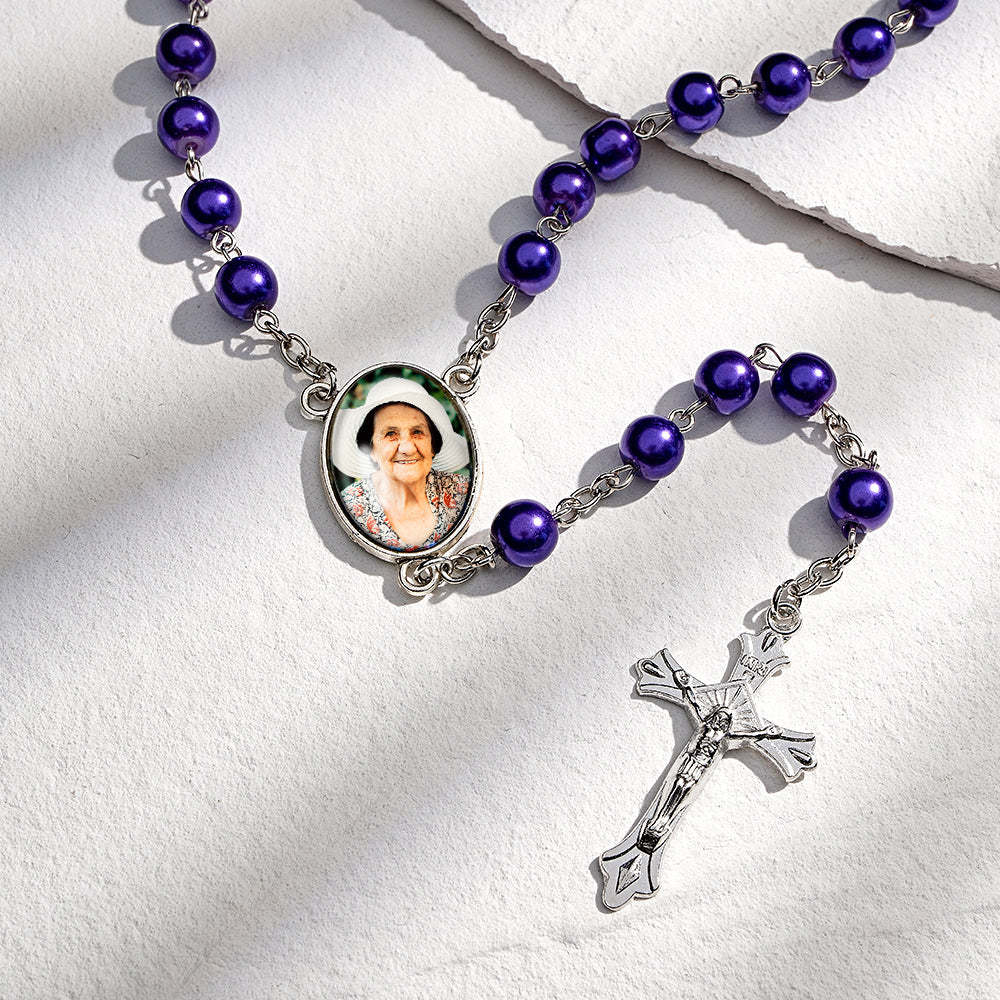 Custom Rosary Beads Cross Necklace Personalized Glass Imitation Pearls Necklace with Photo - yournamenecklaceuk