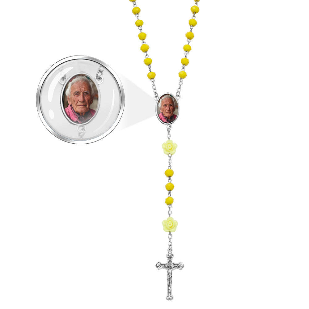 Custom Rosary Beads Cross Necklace Personalized Hip-Hop Style Multi-Color Crystal Necklace with Photo - yournamenecklaceuk