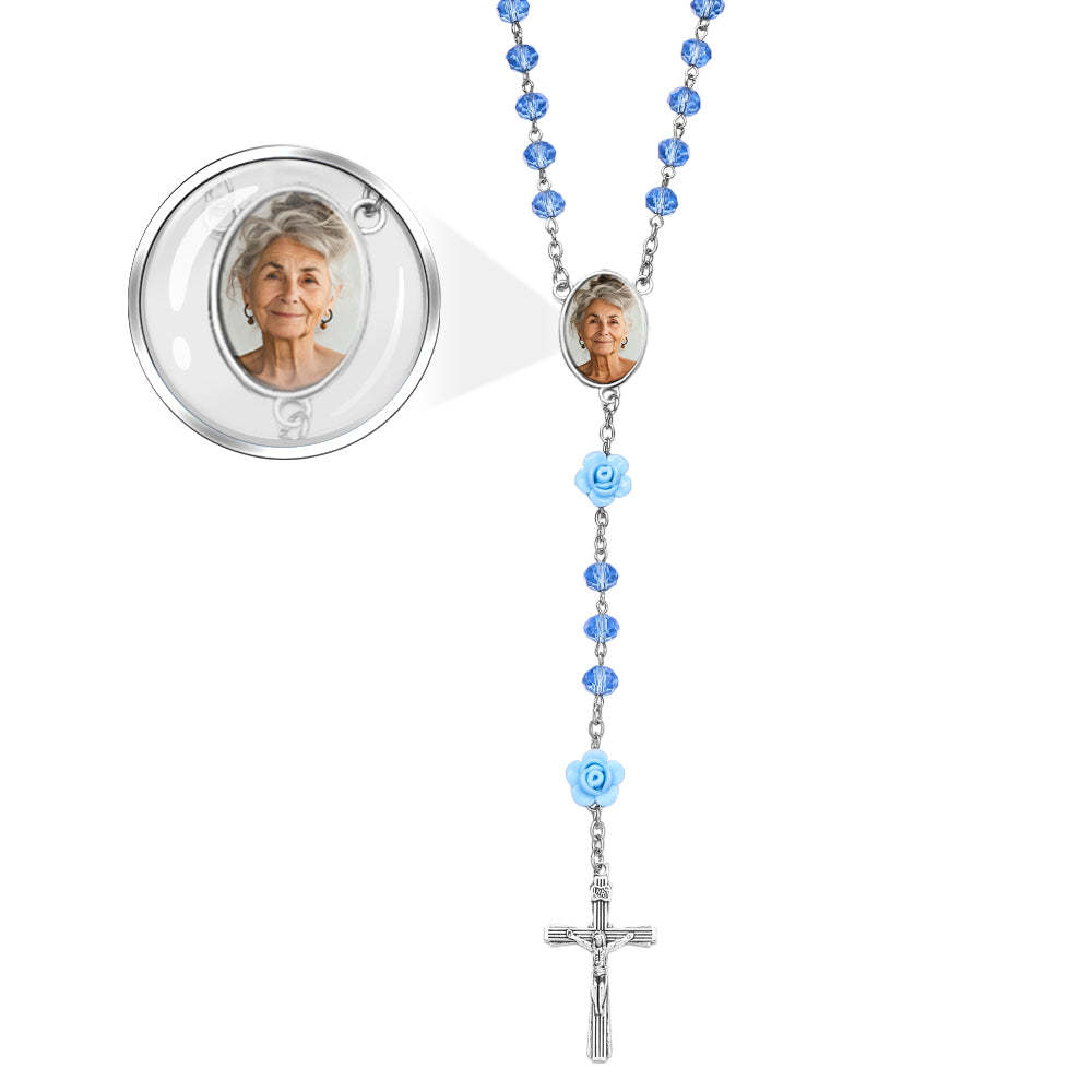 Custom Rosary Beads Cross Necklace Personalized Hip-Hop Style Multi-Color Crystal Necklace with Photo - yournamenecklaceuk