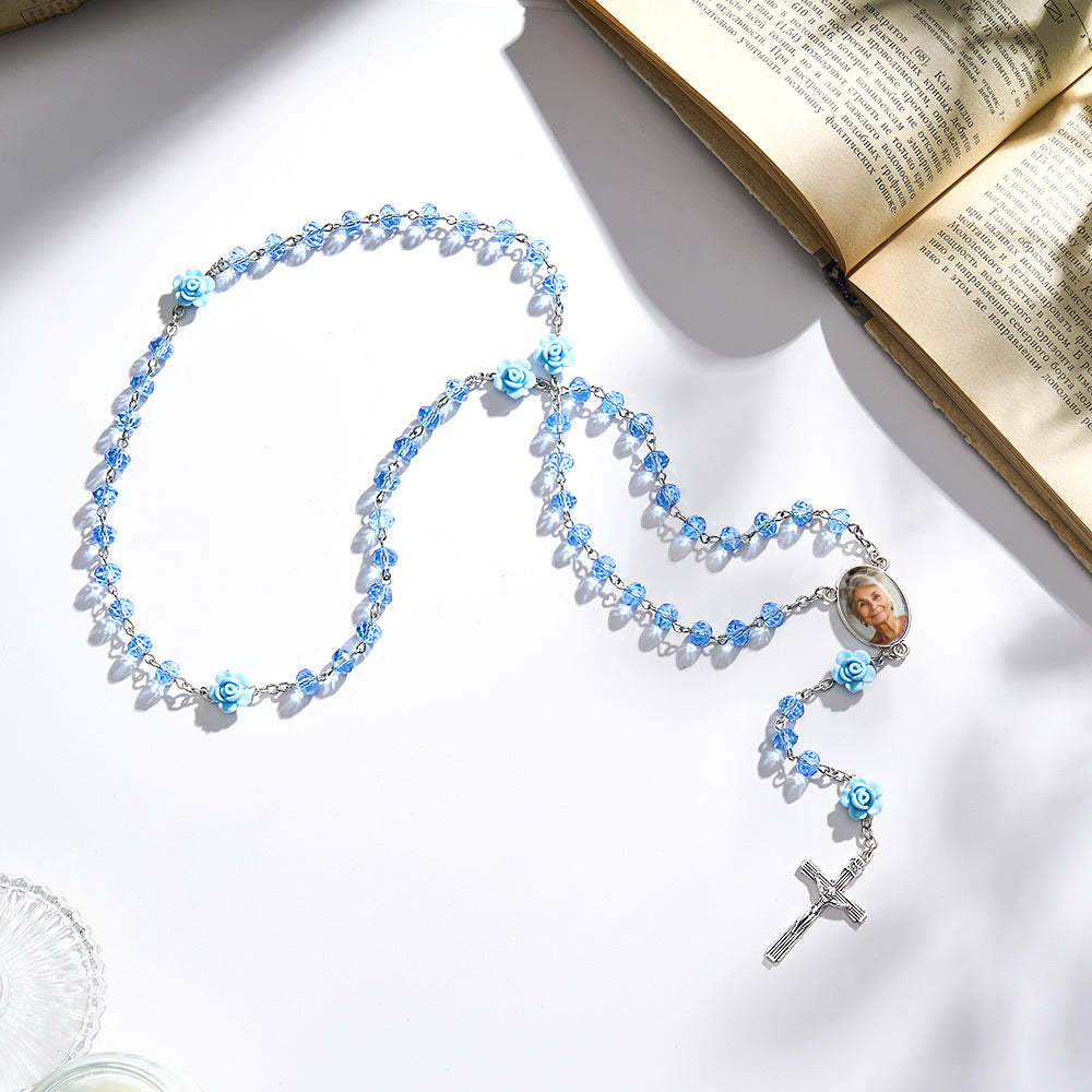 Custom Rosary Beads Cross Necklace Personalized Hip-Hop Style Multi-Color Crystal Necklace with Photo - yournamenecklaceuk