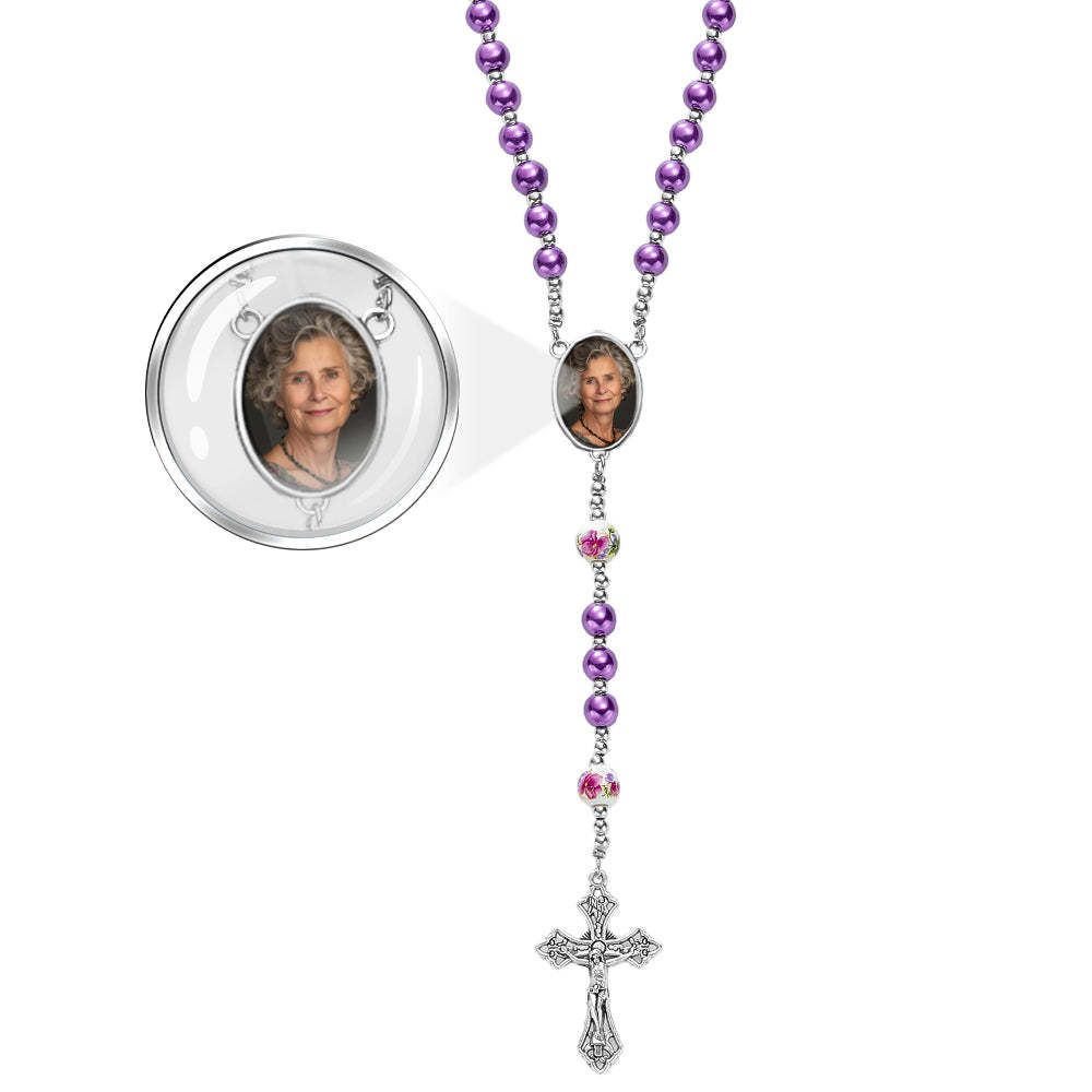 Custom Rosary Beads Cross Necklace Personalized Ceramic Rose Glass Imitation Pearl Necklace with Photo - yournamenecklaceuk