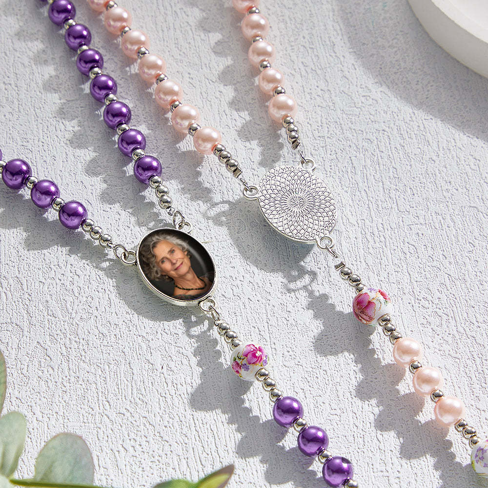 Custom Rosary Beads Cross Necklace Personalized Ceramic Rose Glass Imitation Pearl Necklace with Photo - yournamenecklaceuk