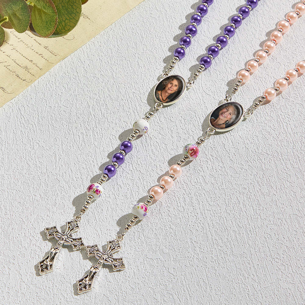 Custom Rosary Beads Cross Necklace Personalized Ceramic Rose Glass Imitation Pearl Necklace with Photo - yournamenecklaceuk