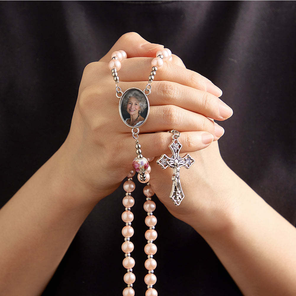 Custom Rosary Beads Cross Necklace Personalized Ceramic Rose Glass Imitation Pearl Necklace with Photo - yournamenecklaceuk