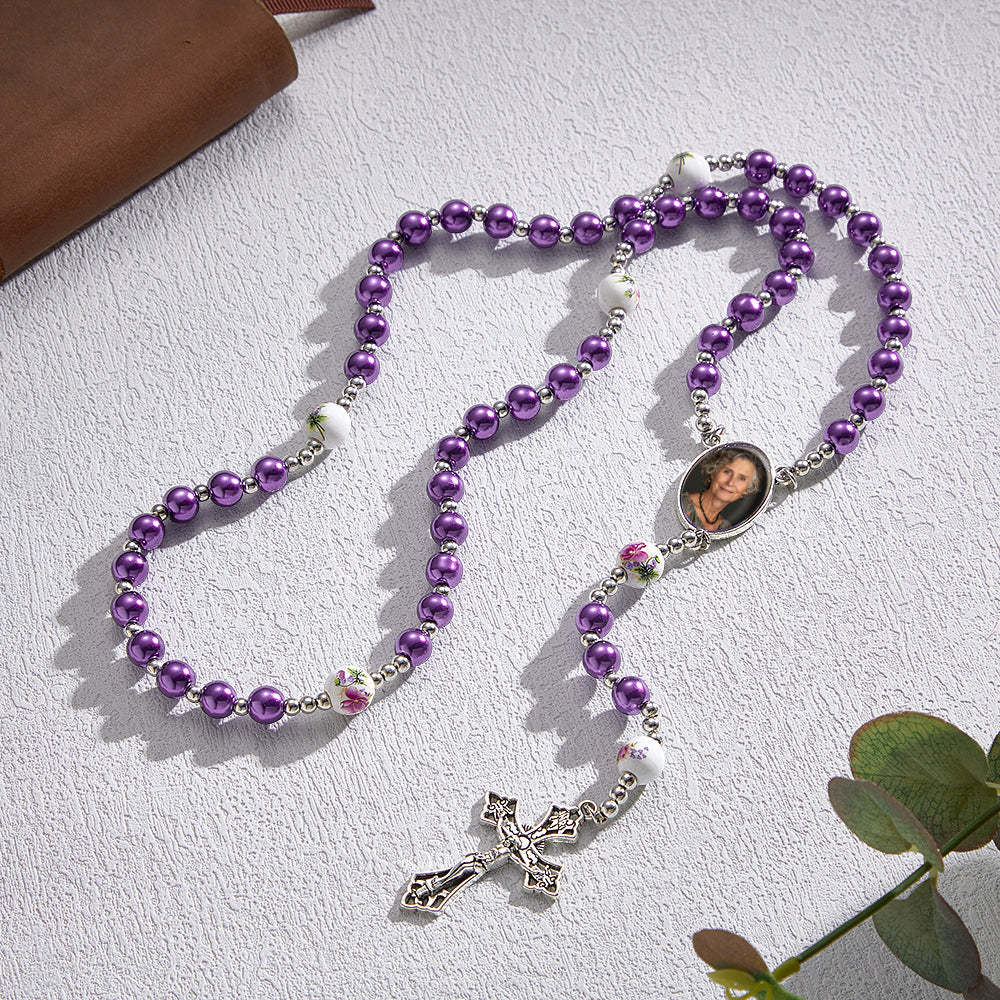 Custom Rosary Beads Cross Necklace Personalized Ceramic Rose Glass Imitation Pearl Necklace with Photo - yournamenecklaceuk