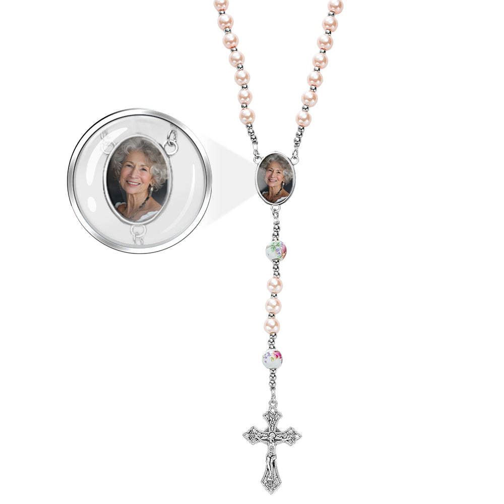 Custom Rosary Beads Cross Necklace Personalized Ceramic Rose Glass Imitation Pearl Necklace with Photo - yournamenecklaceuk