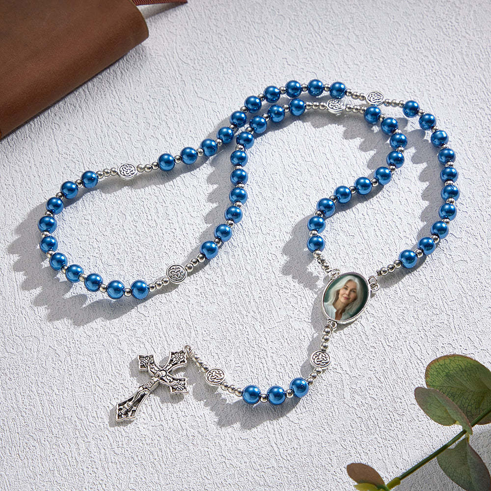 Custom Rosary Beads Cross Necklace Personalized Retro Glass Imitation Pearl Hollow Necklace with Photo - yournamenecklaceuk
