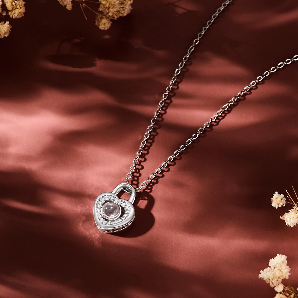 Personalized Photo Projection Necklace Love Heart Lock Shaped Pendant Valentine's Day Gift