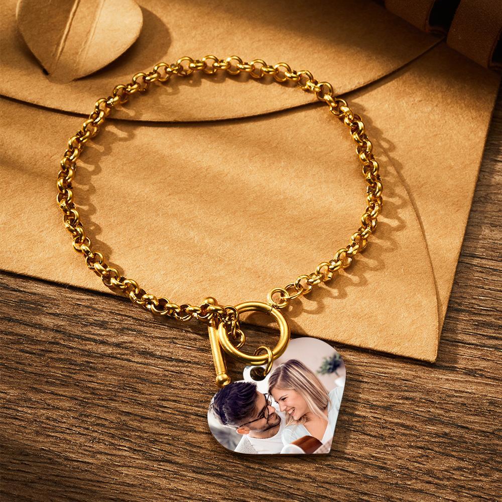 Custom Heart Photo Engraved Bracelet In Stainless Steel 14K Gold