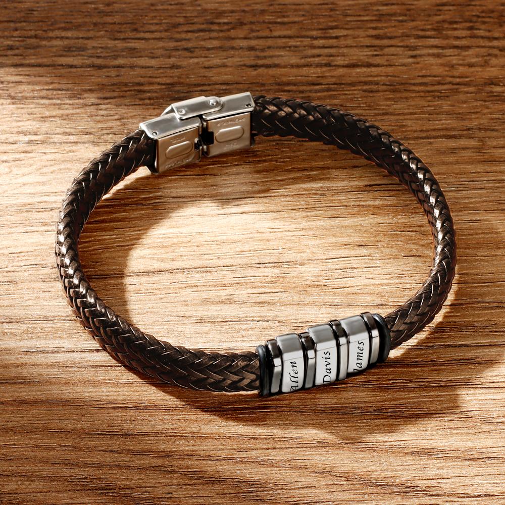 Personalized Bracelet for Men, Custom Gift for Dad Kids Name Bracelet Brown Leather 1-6 Charms
