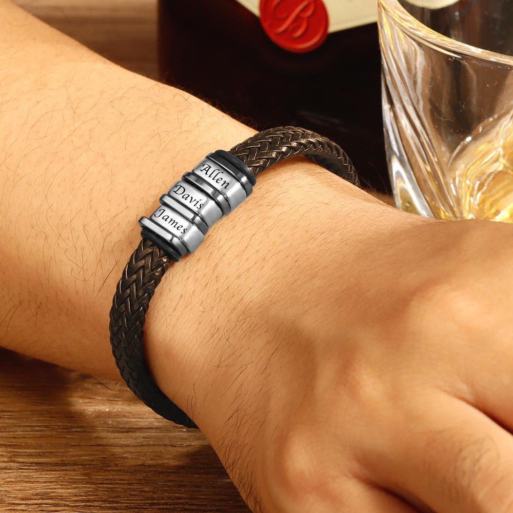 Personalized Bracelet for Men, Custom Gift for Dad Kids Name Bracelet Brown Leather 1-6 Charms