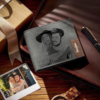 Men's Bifold Custom Inscription Photo Engraved Wallet - Grey Leather - yournamenecklaceuk