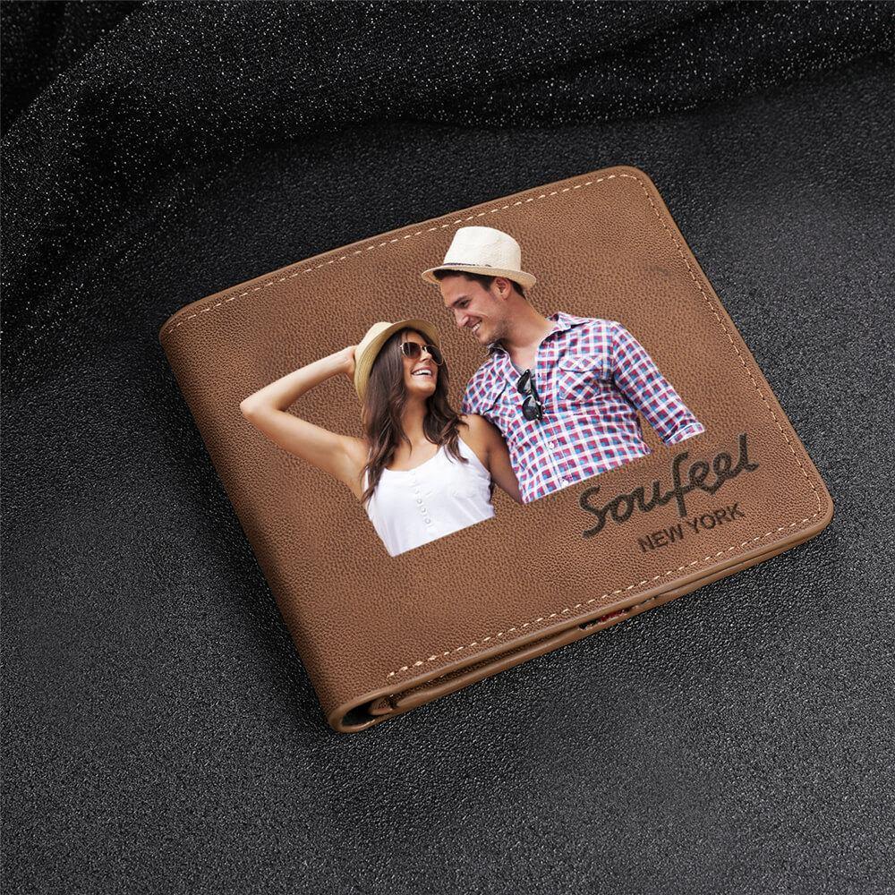 Men's Bifold Custom Inscription Photo Wallet - Brown Leather - yournamenecklaceuk