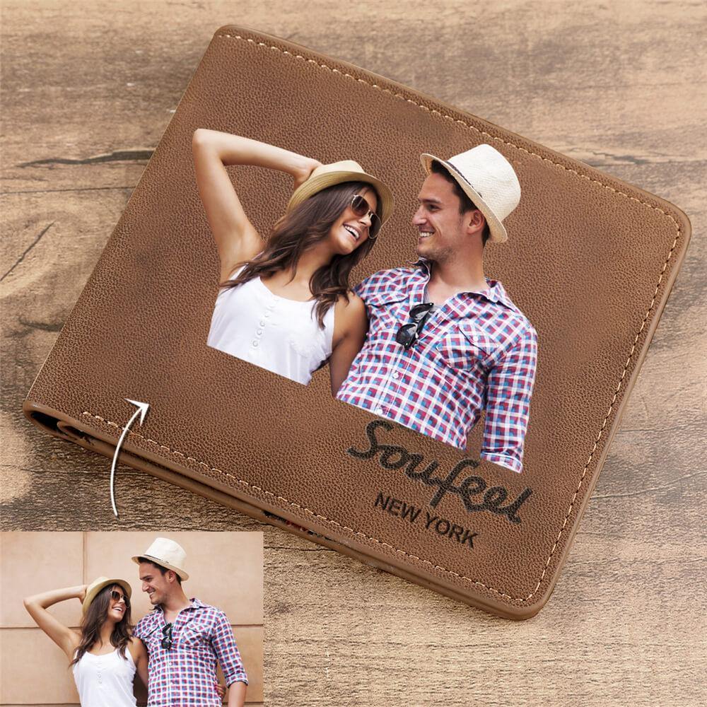 Men's Bifold Custom Inscription Photo Wallet - Brown Leather - yournamenecklaceuk