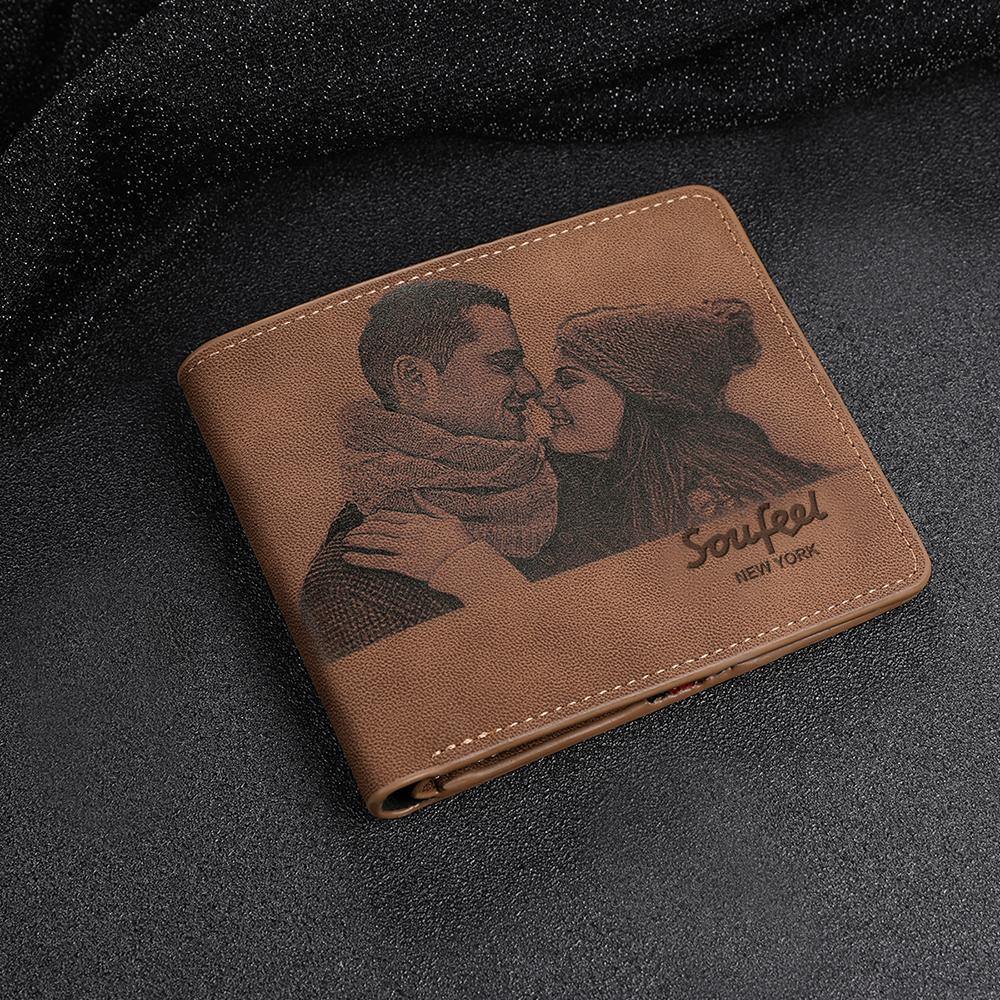 Men's Bifold Custom Inscription Photo Wallet Two Pictures - Brown Leather - yournamenecklaceuk
