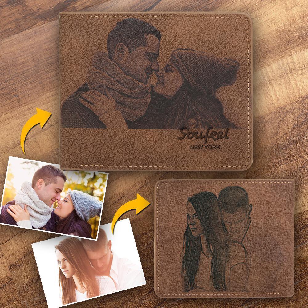 Men's Bifold Custom Inscription Photo Wallet Two Pictures - Brown Leather - yournamenecklaceuk