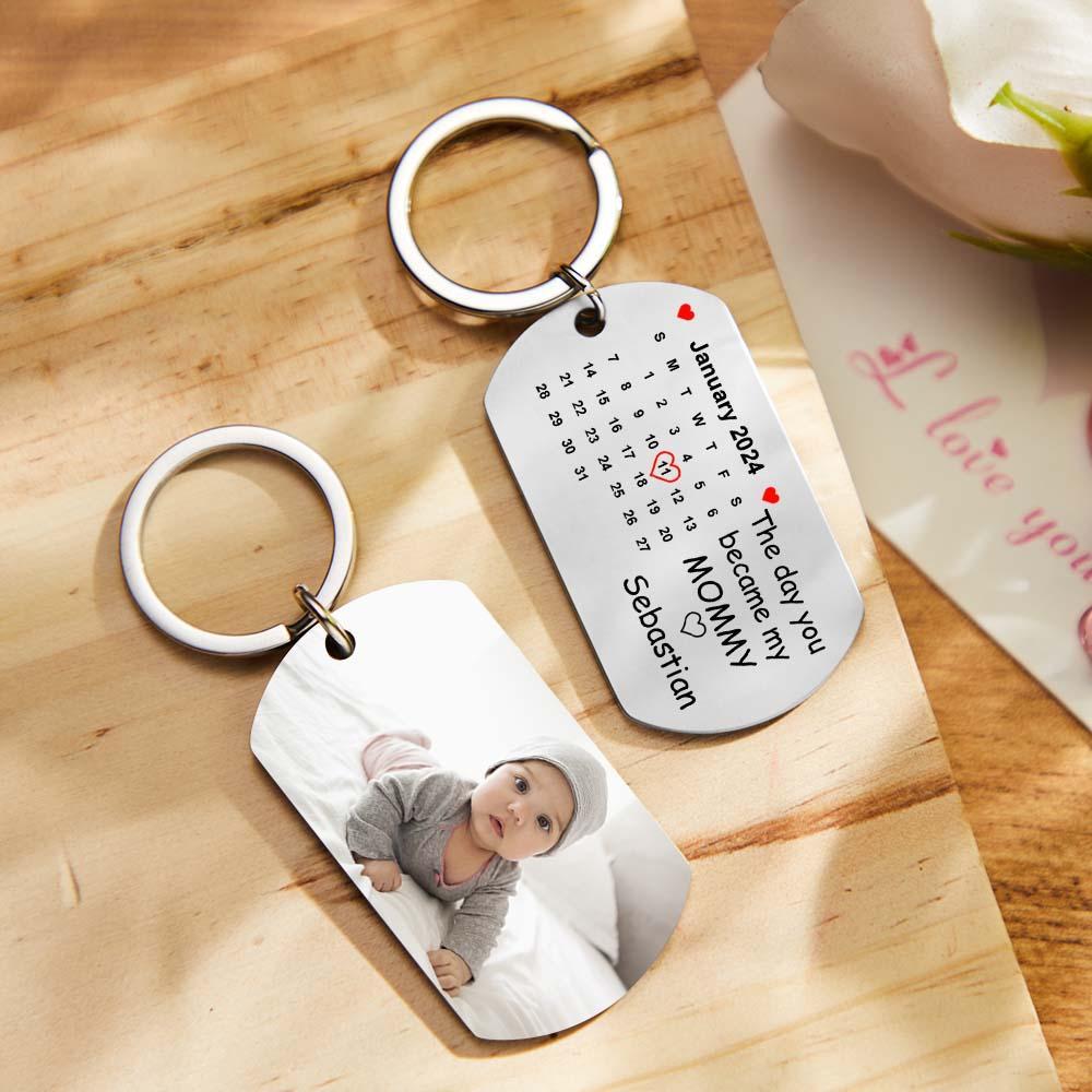 Custom Photo The Day You Became My Mommy Calendar Keychain Gift for Mother Personalized Aluminum Keyring - yournamenecklaceuk