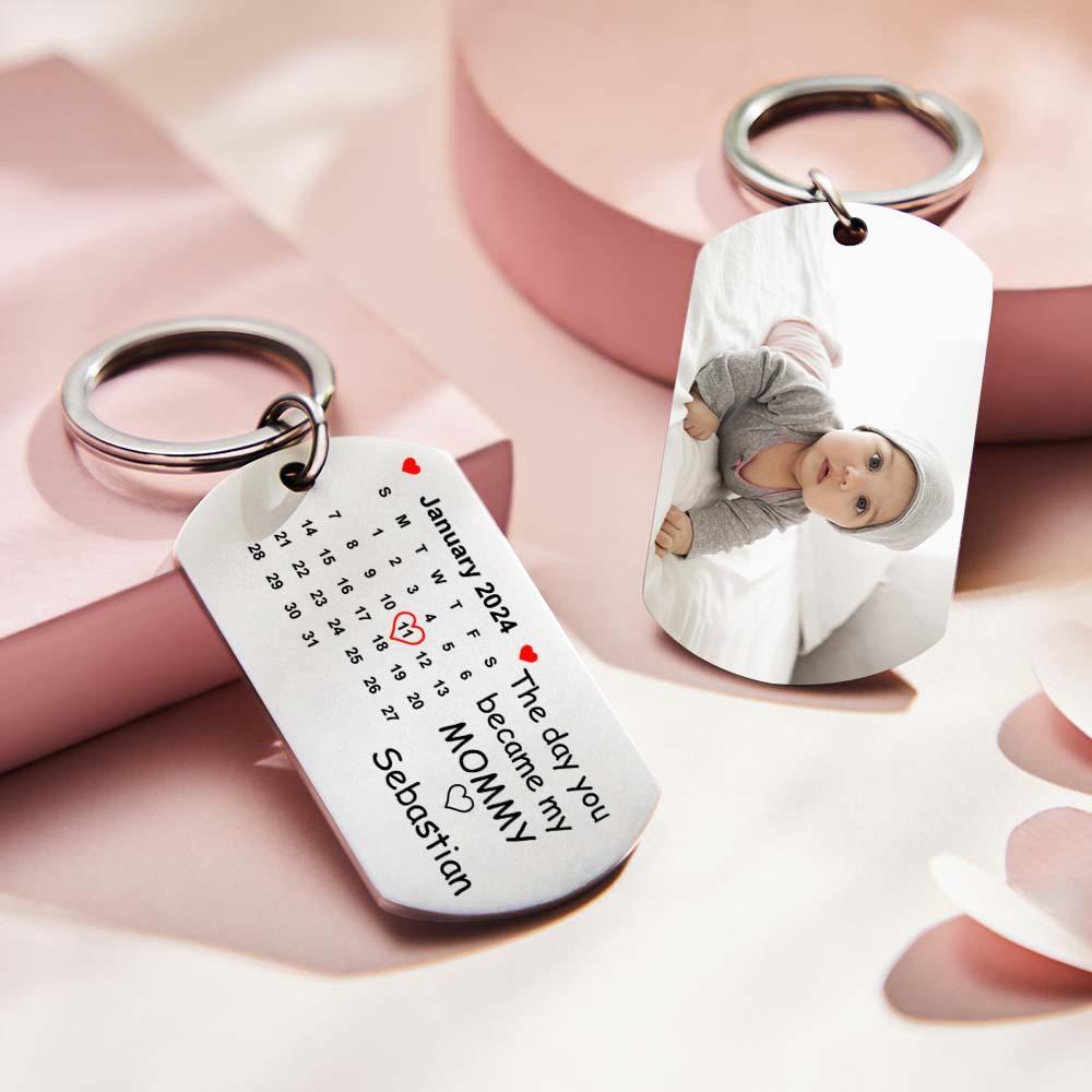 Custom Photo The Day You Became My Mommy Calendar Keychain Gift for Mother Personalized Aluminum Keyring - yournamenecklaceuk