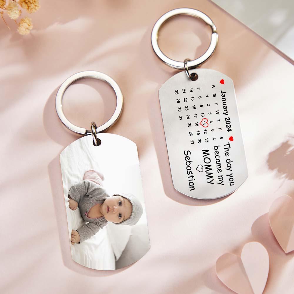 Custom Photo The Day You Became My Mommy Calendar Keychain Gift for Mother Personalized Aluminum Keyring - yournamenecklaceuk