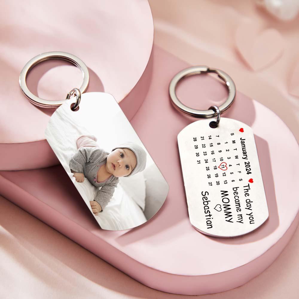 Custom Photo The Day You Became My Mommy Calendar Keychain Gift for Mother Personalized Aluminum Keyring - yournamenecklaceuk