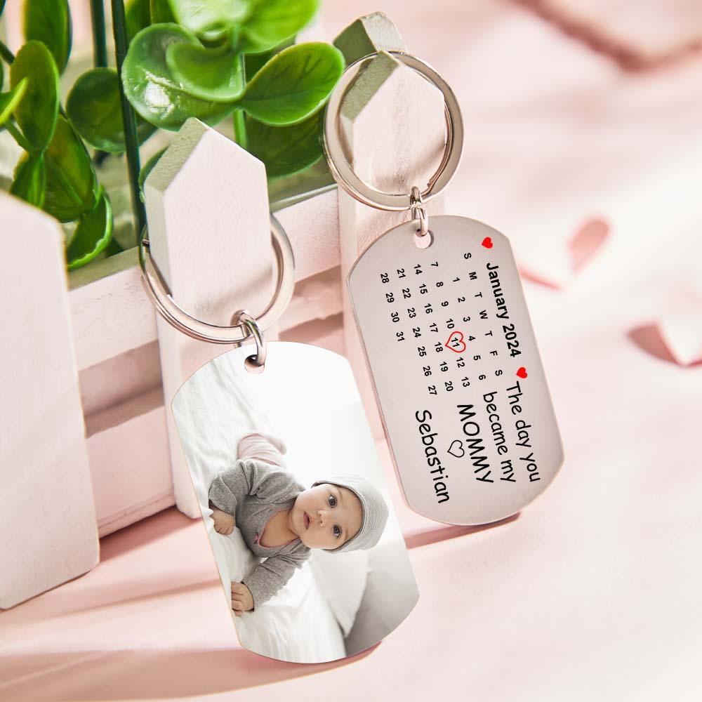 Custom Photo The Day You Became My Mommy Calendar Keychain Gift for Mother Personalized Aluminum Keyring - yournamenecklaceuk