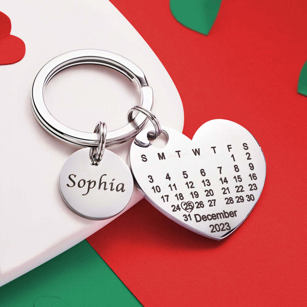 Custom Engraved Heart Calendar Keychain Save The Date Keychain Christmas Gift - yournamenecklaceuk