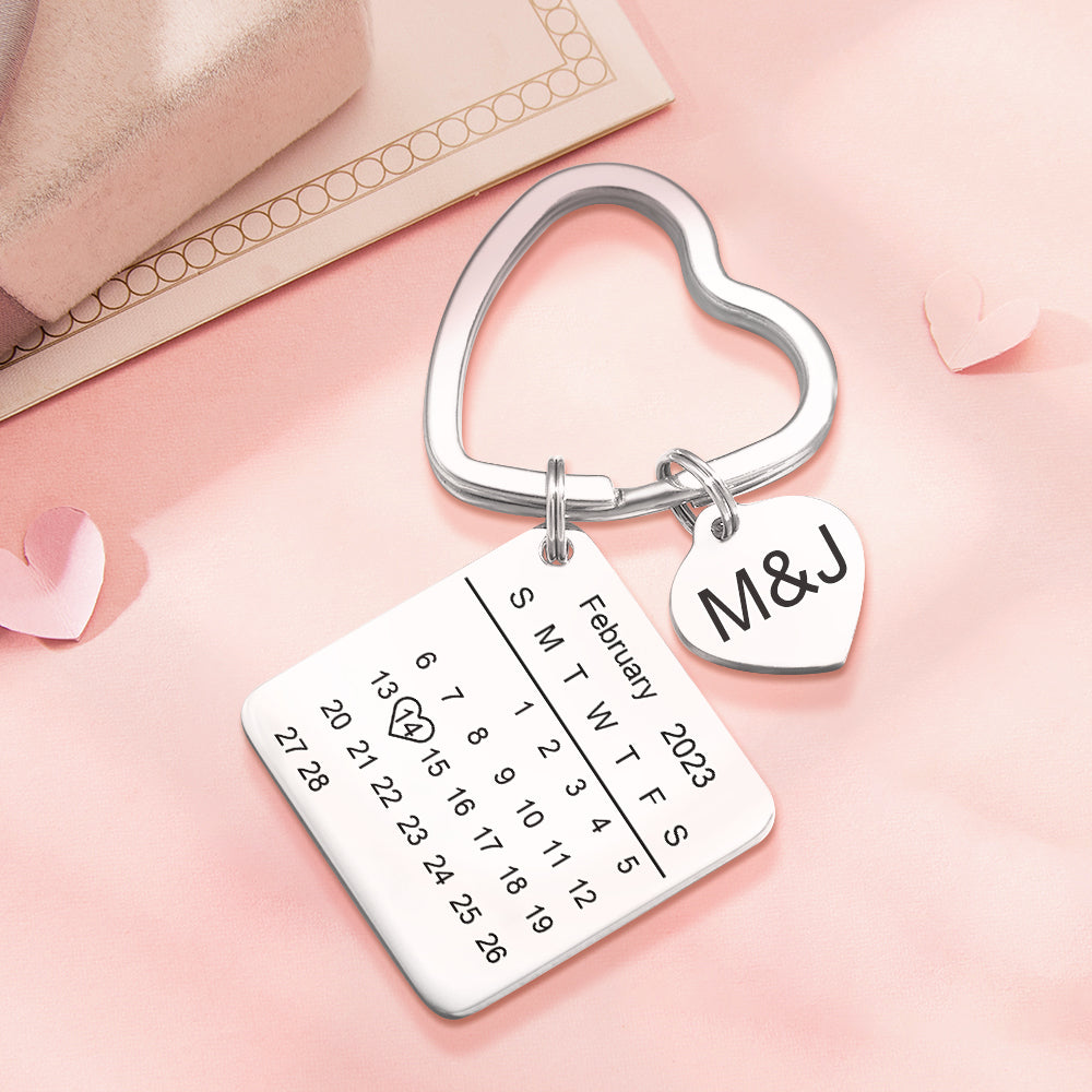 Custom Engraved Calendar Keychain Heart Key Ring Save the Date Keychain Valentine's Day Gift