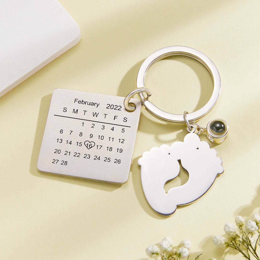 Custom Photo Projection Date Keychain Personalized Calendar Key Ring Newborn Announcement - yournamenecklaceuk