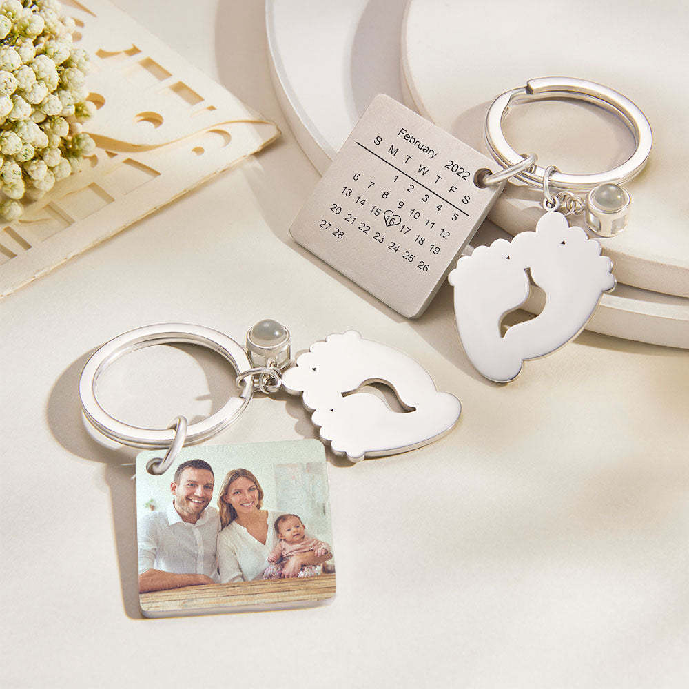 Custom Photo Projection Date Keychain Personalized Calendar Key Ring Newborn Announcement - yournamenecklaceuk