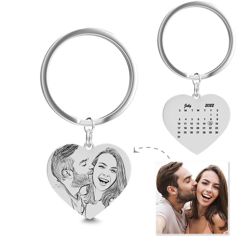 Personalized Calendar and Photo Keychain, Heart Keychain, Anniversary Gift for Couple - yournamenecklaceuk