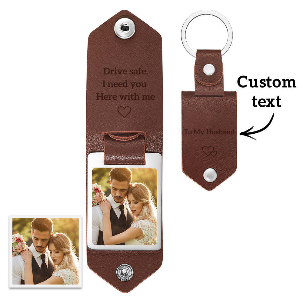 Custom Leather Photo Text Keychain Anniversary Wedding Gift For Couple - yournamenecklaceuk
