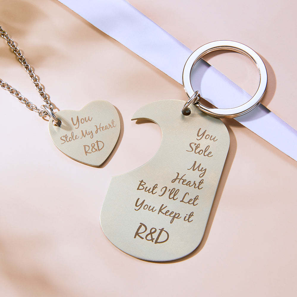 Personalized Photo Steal My Heart Couple Keychain Custom Engraved Keychain Necklace Set for Couples - yournamenecklaceuk