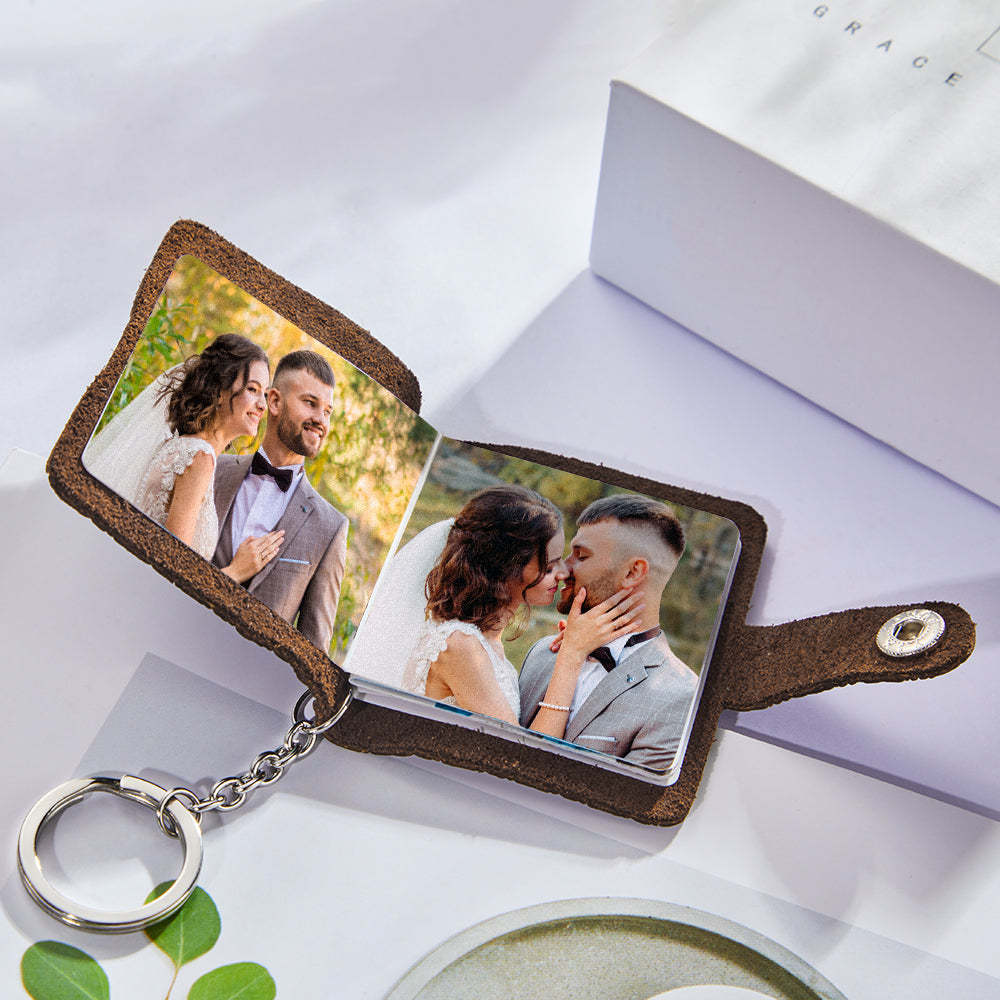 Personalized Mini Photo Album Leather Keychain Custom Photo Brown Keychain Pendant Romantic Gift - NameNecklace