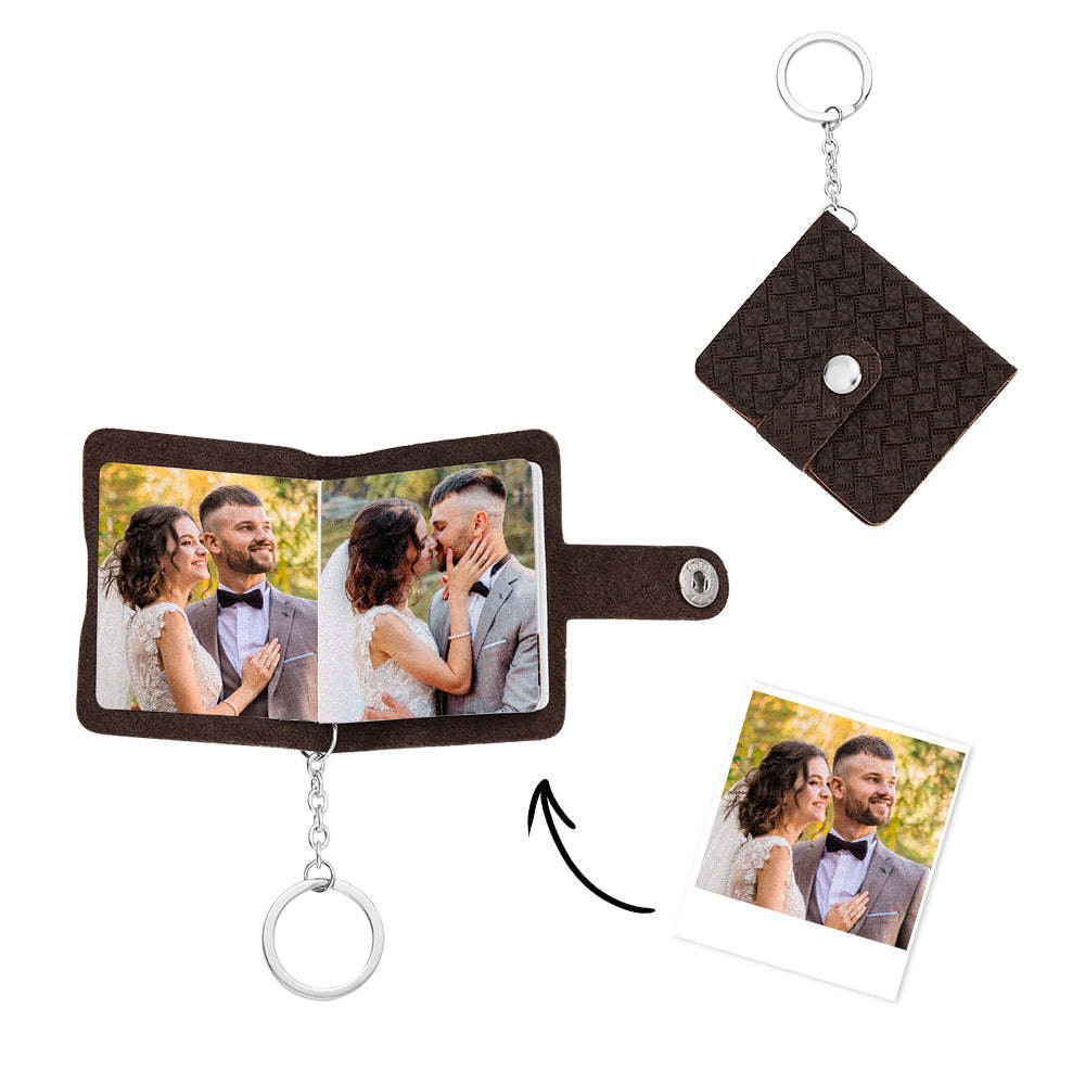 Personalized Mini Photo Album Leather Keychain Custom Photo Brown Keychain Pendant Romantic Gift - NameNecklace