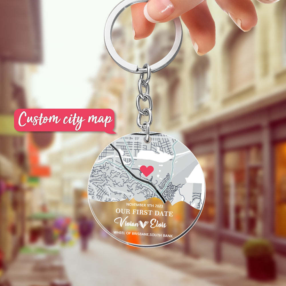 Personalized Acrylic Map Keychain Our First Date Keychain For Couple - yournamenecklaceuk
